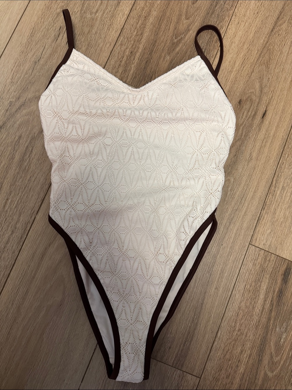 Wild fable NWTS ( M ) CREAM lacey Textured BROWN TRIM SEXY One-Piece Swimsuit - Picture 3 of 9